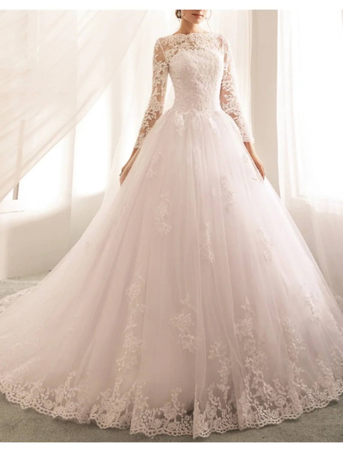 Ball Gown Illusion Lace Long Sleeve Train Wedding Gown - Chloe Dress