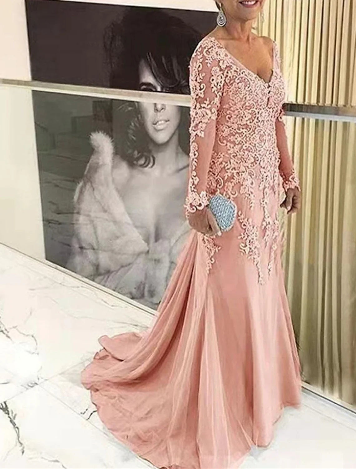 Mermaid V-Neck Lace Long Sleeve Train Wedding Dress - Chloe Dress