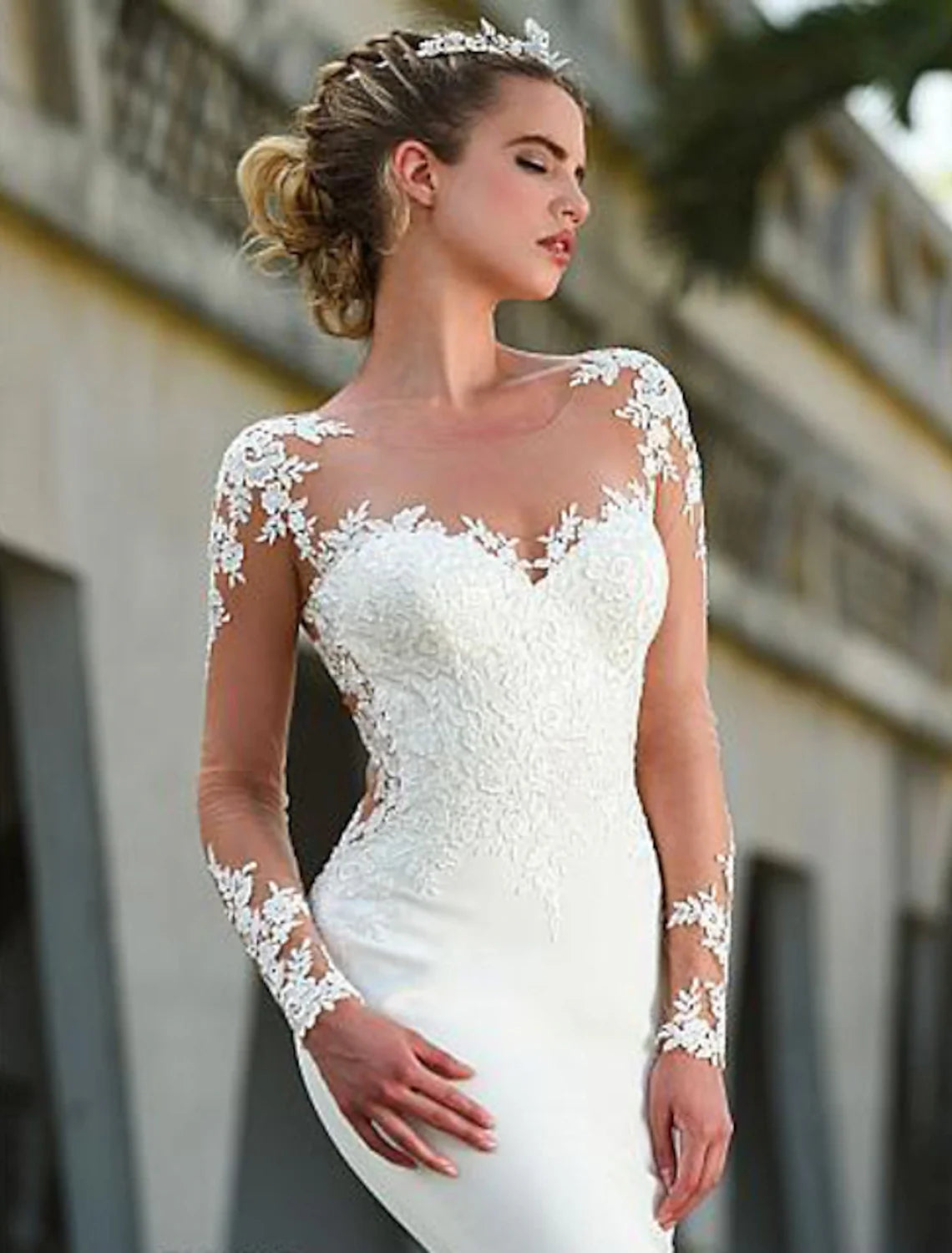 Mermaid Illusion Lace Long Sleeve Open Back Train Wedding Gown - Chloe Dress