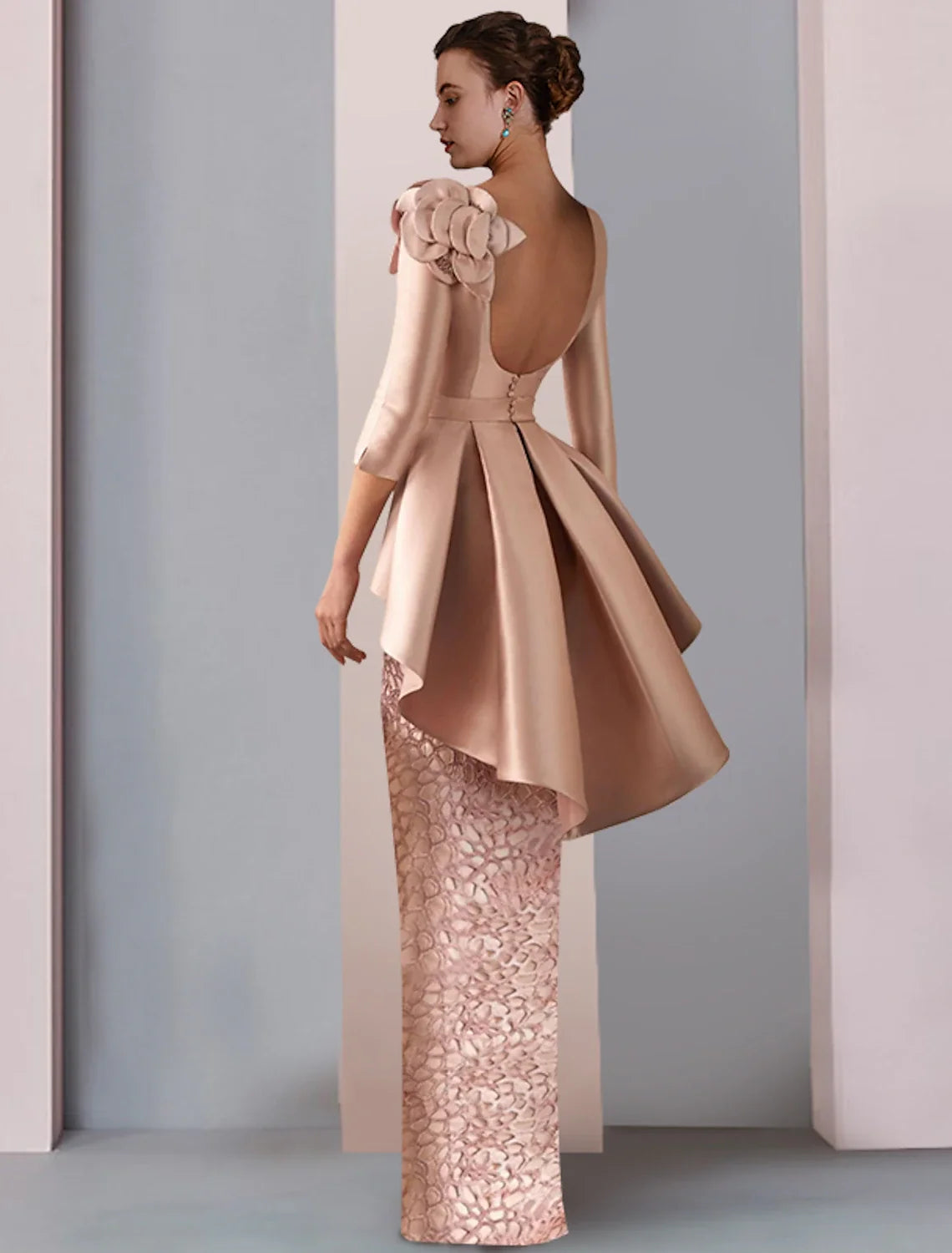 Sheath V-Neck Satin Three-Quarter Sleeve Ruffled Floor-Length Wedding Dress - Chloe Dress