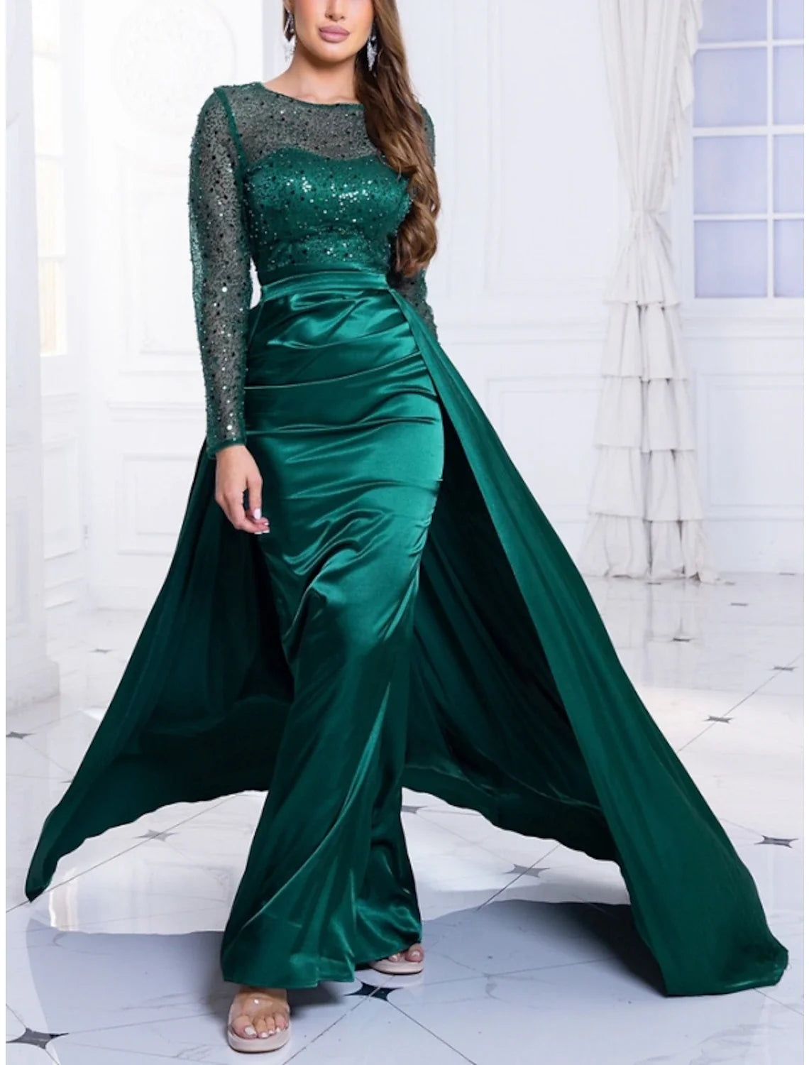 Sheath Satin Long Sleeve Train Evening Gown - Chloe Dress