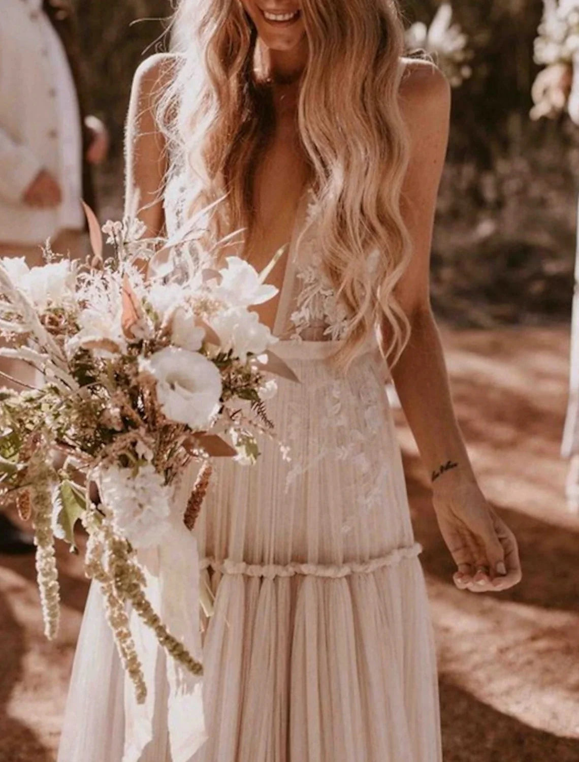 A-Line V-Neck Tulle Sleeveless Applique Floor-Length Wedding Gown - Chloe Dress