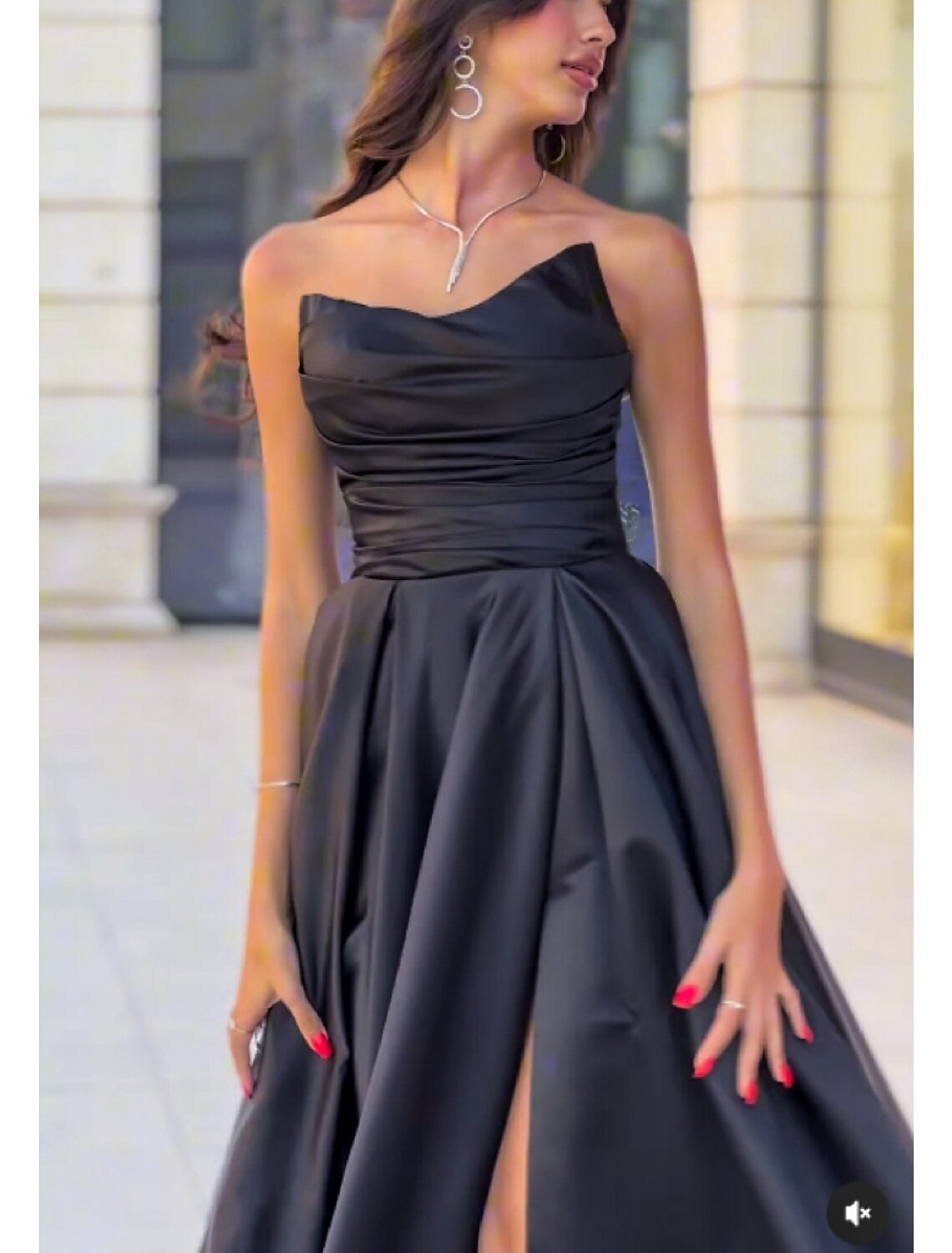 Black A-Line Strapless Satin Sleeveless High Slit Evening Gown - Chloe Dress