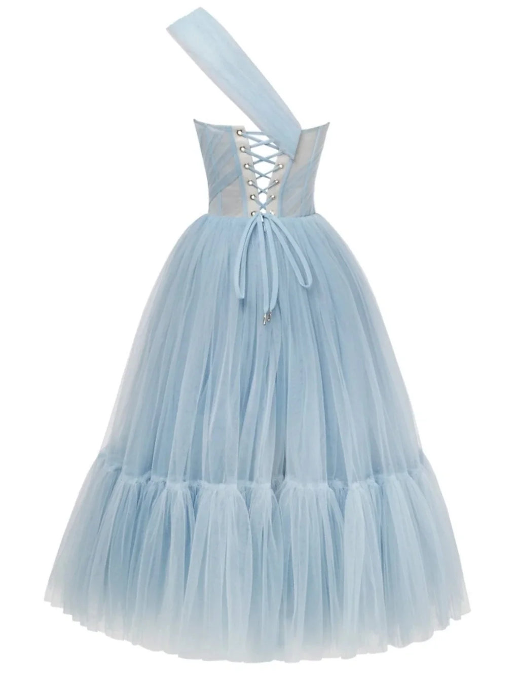A-Line One-Shoulder Tulle Sleeveless Pleated Tea-Length Prom Dress - Chloe Dress