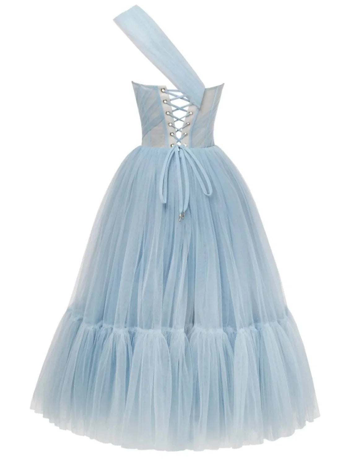 A-Line One-Shoulder Tulle Sleeveless Pleated Tea-Length Prom Dress - Chloe Dress