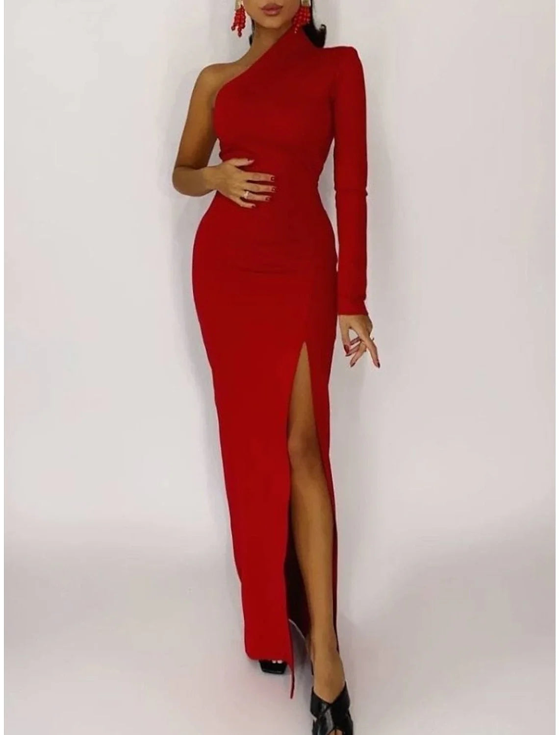 Black Mermaid One-Shoulder Long Sleeve High Slit Mini Evening Gown - Chloe Dress