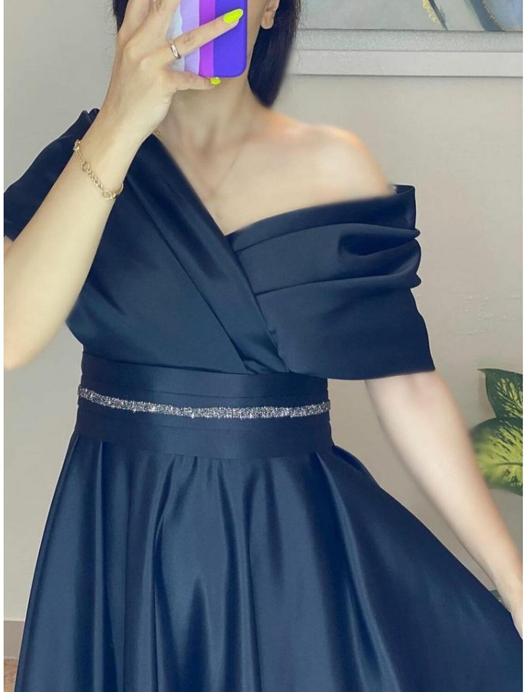 Green A-Line Off-Shoulder Satin Short Sleeve Pleated Mini Evening Gown - Chloe Dress