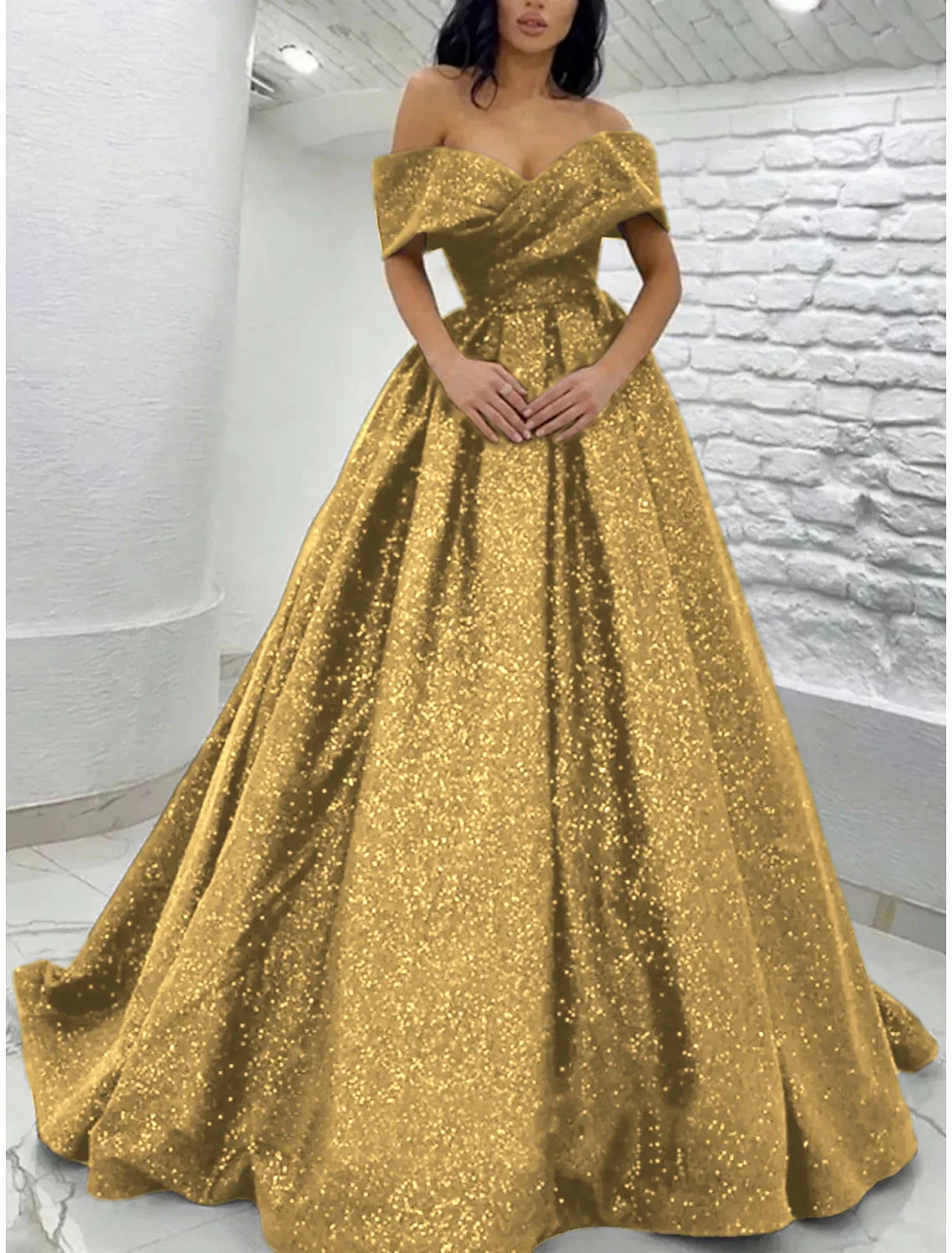 Champagne A-Line Off-Shoulder Sequin Short Sleeve Pleated Mini Prom Dress - Chloe Dress