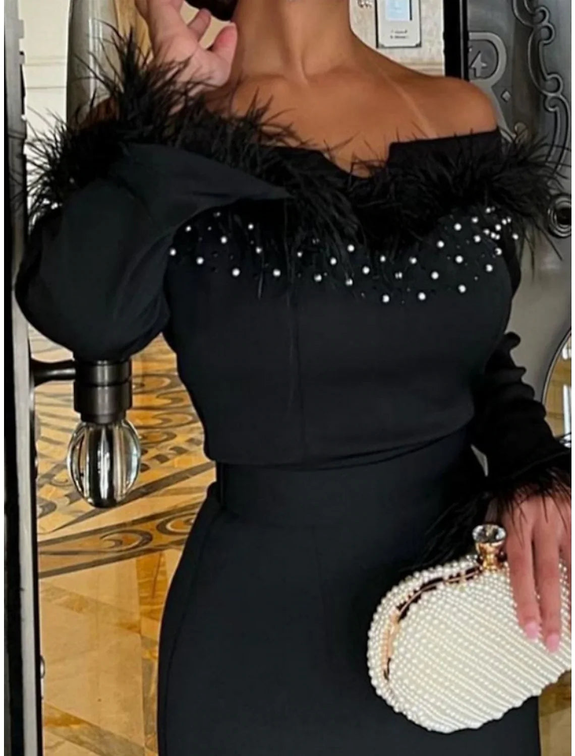 Black Mermaid Off-Shoulder Sequin Long Sleeve High Slit Floor-Length Evening Gown - Chloe Dress