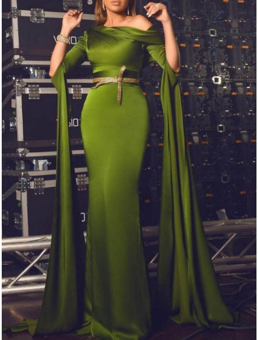 A-Line Off-Shoulder Satin Long Sleeve Pleated Evening Gown - Chloe Dress