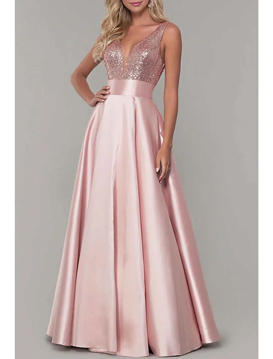 A-Line V-Neck Satin Sleeveless Pleated Floor-Length Evening Dress - Chloe Dress
