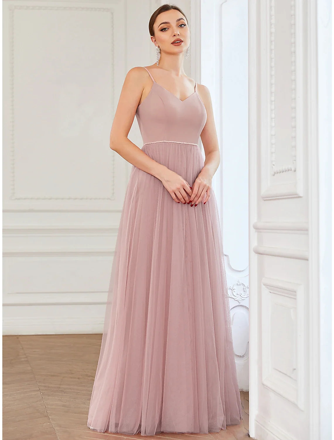 A-Line V-Neck Tulle Sleeveless Pleated Floor-Length Prom Dress - Chloe Dress