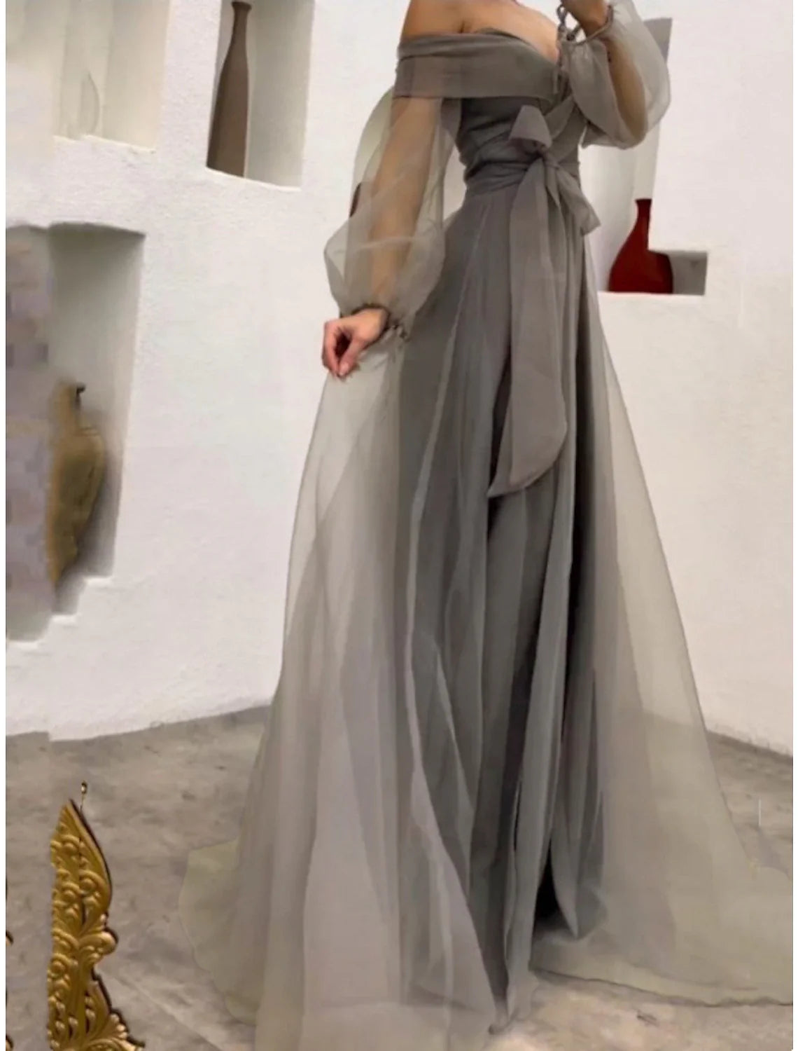 Sheath Off-Shoulder Tulle Long Sleeve High Slit Prom Dress - Chloe Dress
