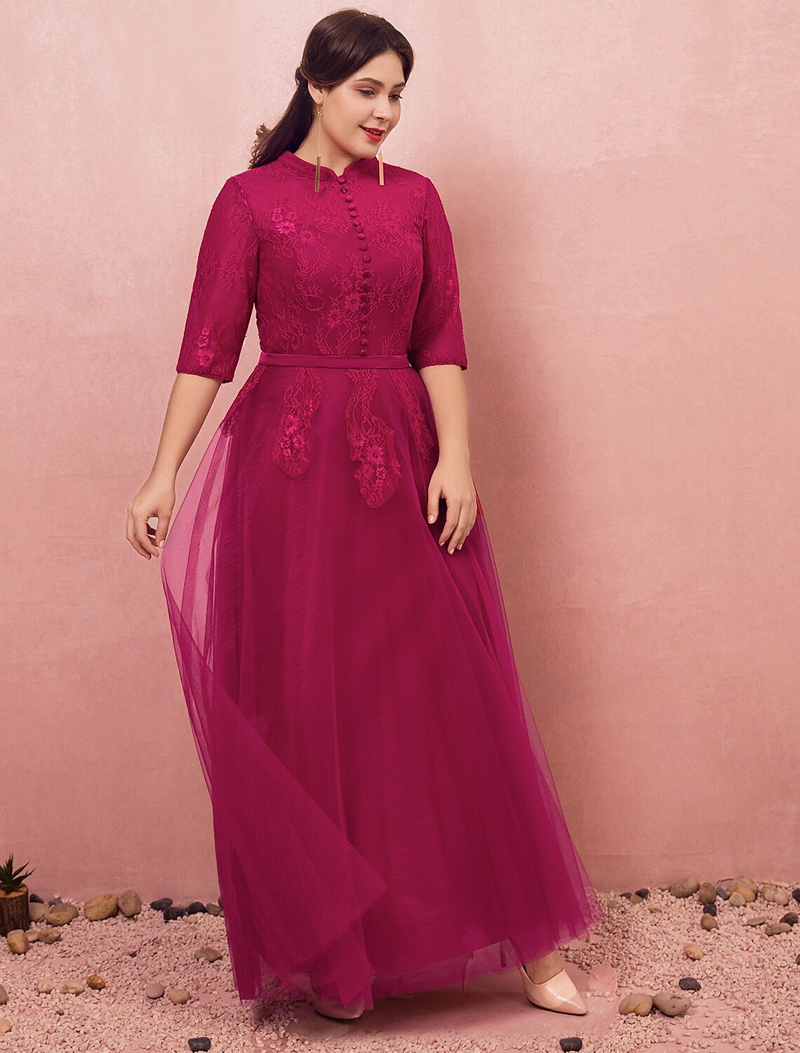A-Line High Neck Lace Button Back Floor-Length Evening Dress - Chloe Dress