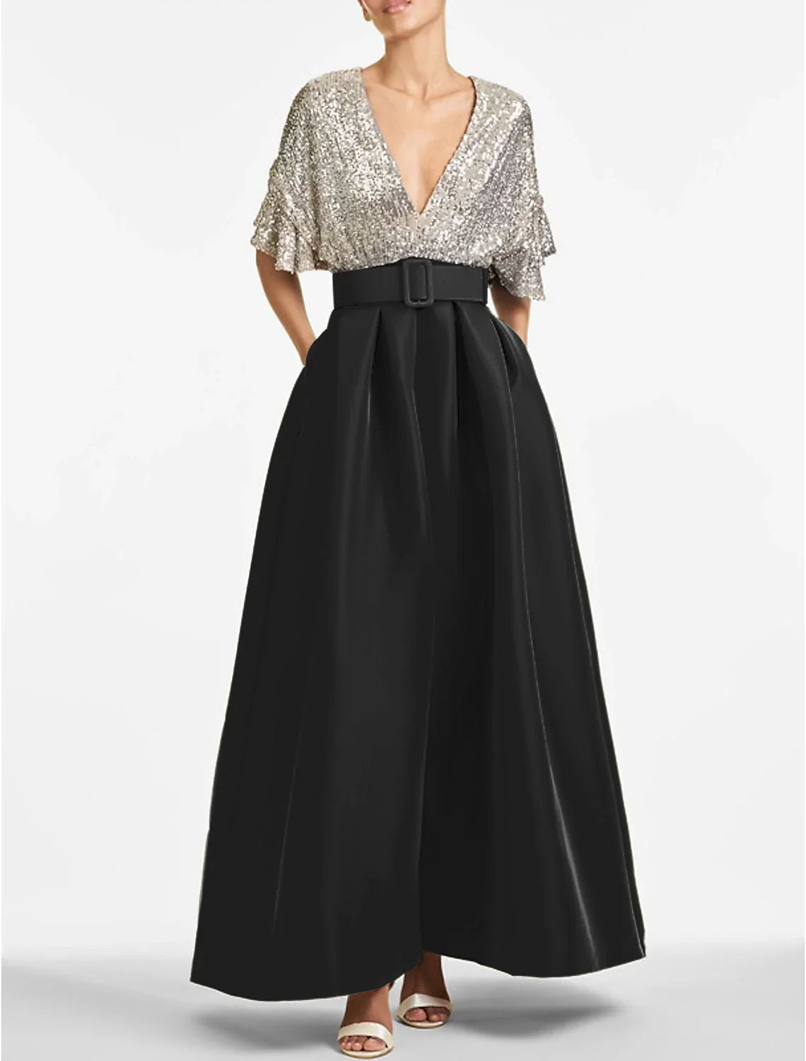 A-Line V-Neck Sequin Ankle-Length Evening Gown - Chloe Dress