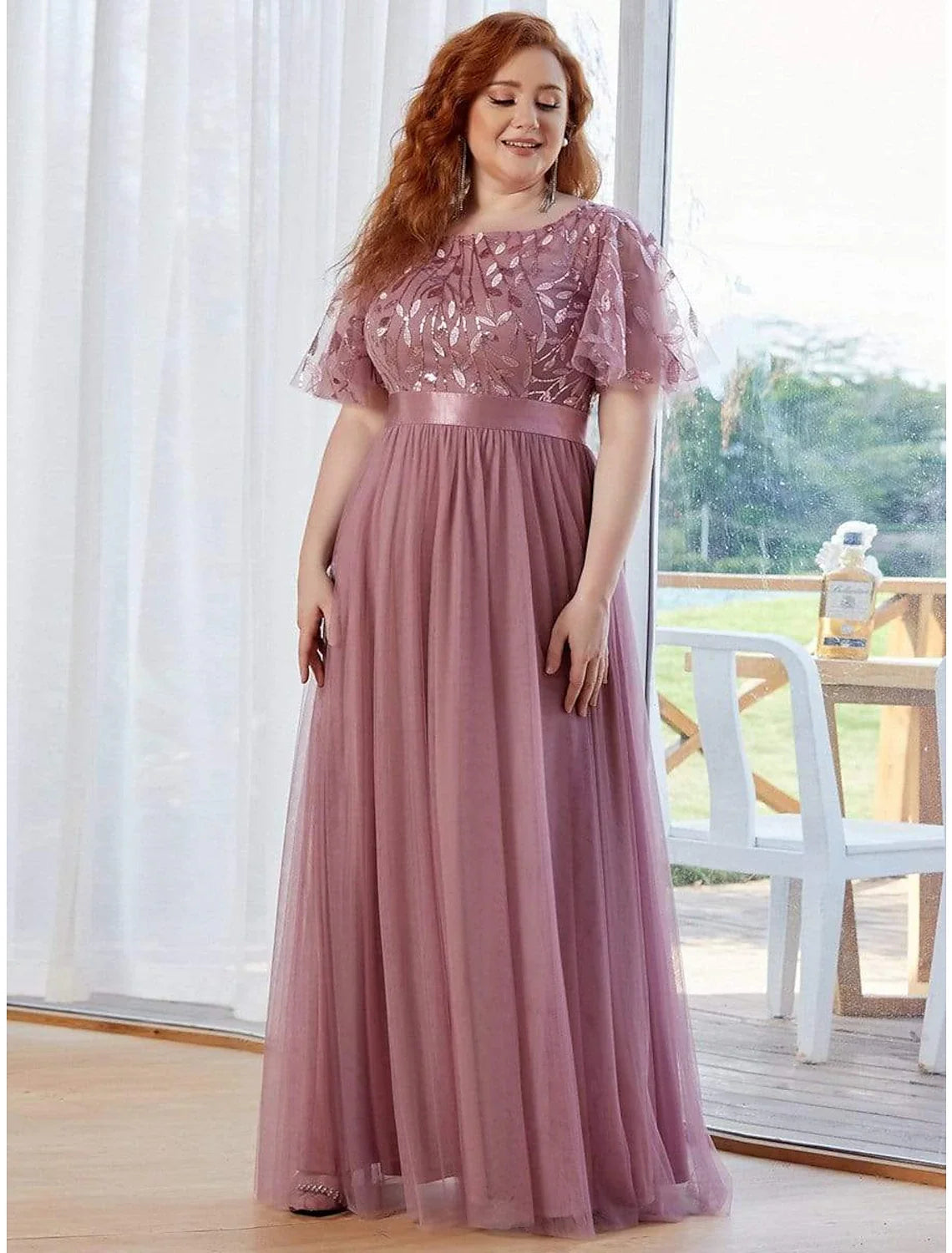 A-Line Tulle Short Sleeve Floor-Length Prom Dress - Chloe Dress