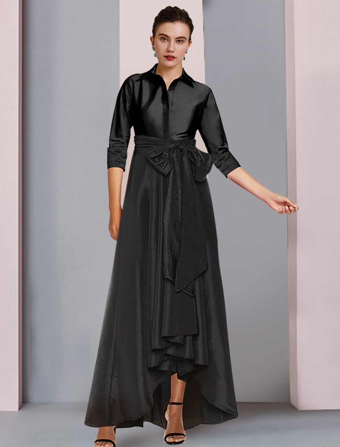 A-Line Satin Three-Quarter Sleeve Pleated Floor-Length Dress - Chloe Dress