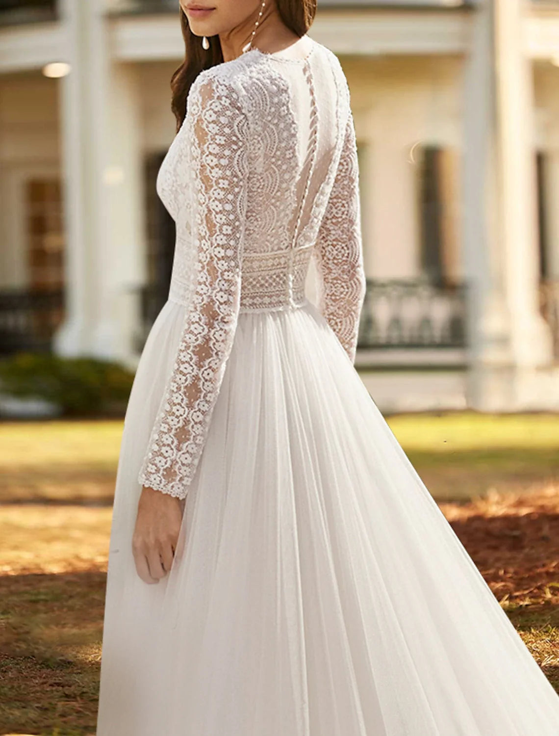 A-Line V-Neck Lace Long Sleeve Train Wedding Gown - Chloe Dress