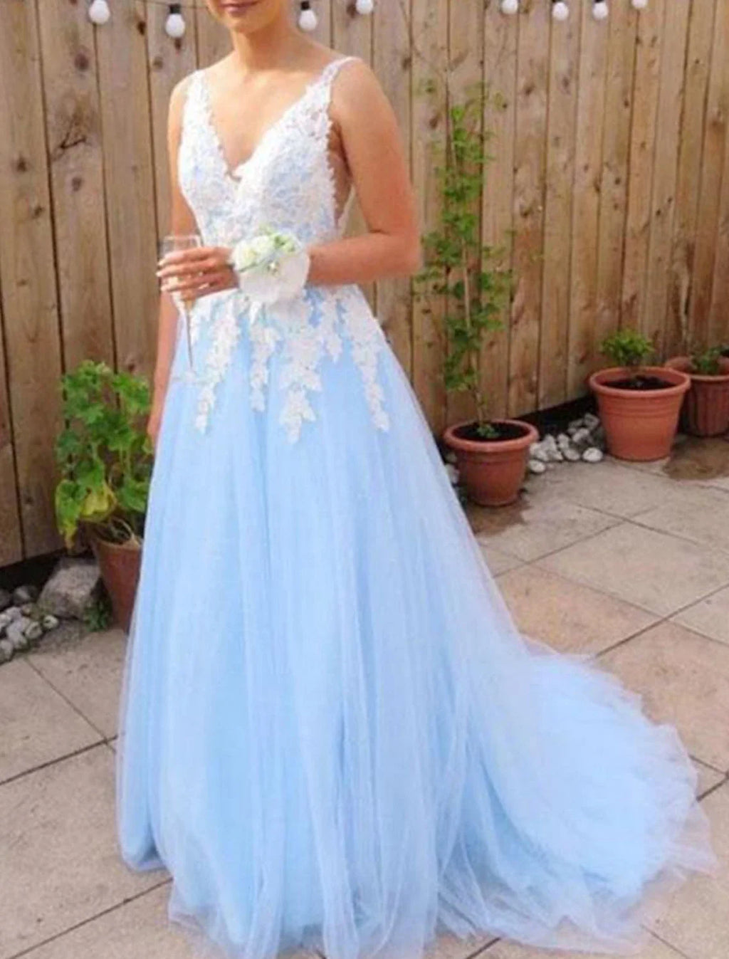 A-Line V-Neck Tulle Sleeveless Train Prom Dress - Chloe Dress
