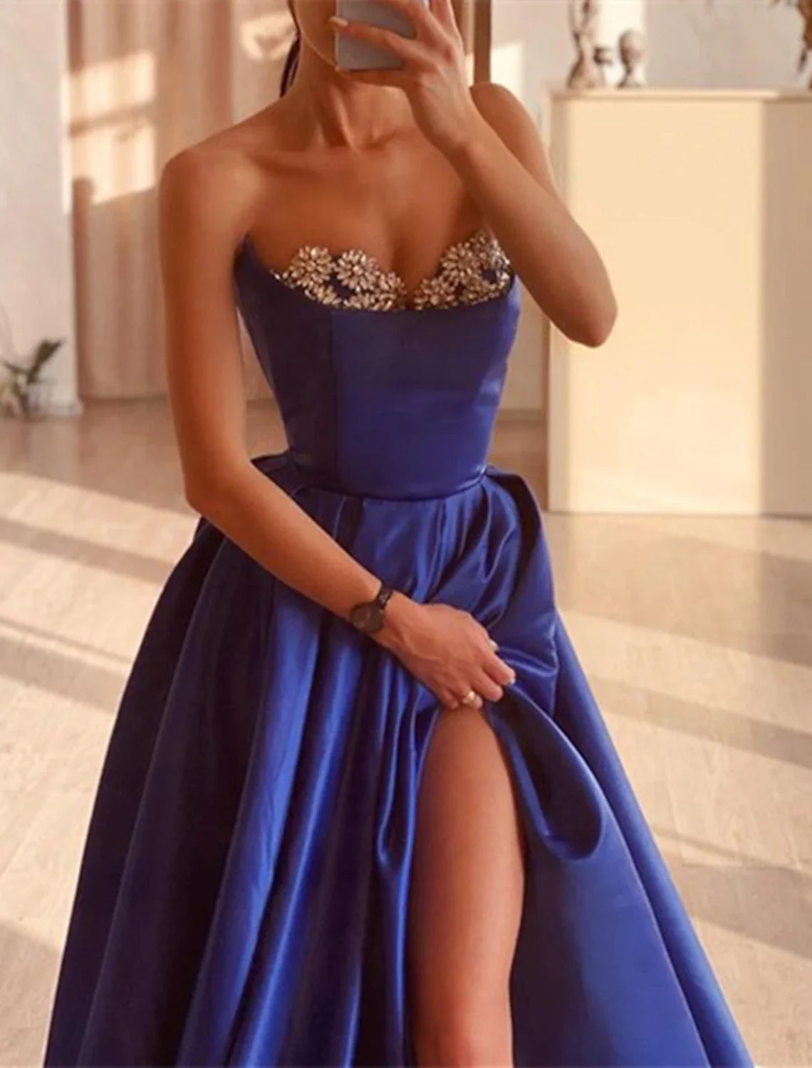 A-Line Strapless Satin Sleeveless High Slit Evening Gown - Chloe Dress