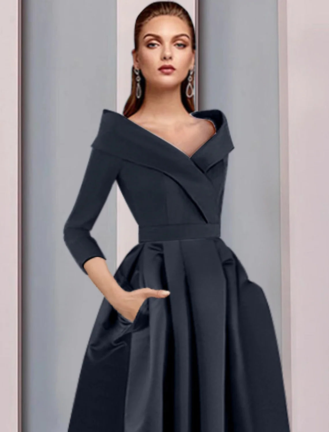 A-Line Spaghetti Strap Satin Three-Quarter Sleeve Pleated Tea-Length Wedding Dress - Chloe Dress