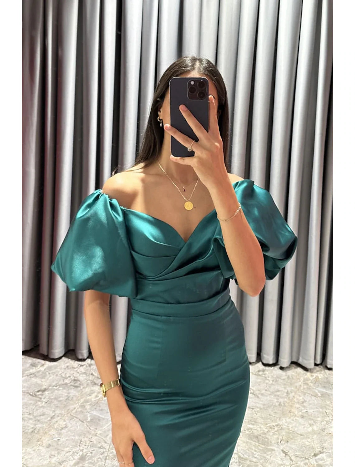 Sheath Off-Shoulder Satin Short Sleeve High Slit Mini Cocktail Dress - Chloe Dress