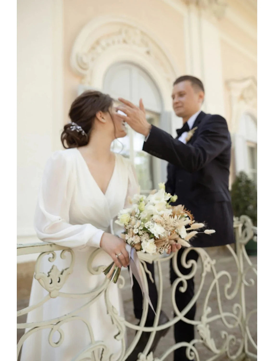 White A-Line V-Neck Chiffon Long Sleeve Ankle-Length Wedding Gown - Chloe Dress