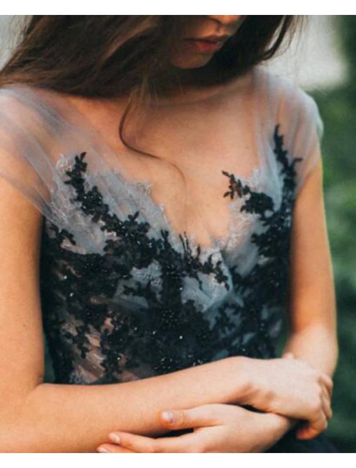 Black Ball Gown V-Neck Tulle Sleeveless Pleated Wedding Gown - Chloe Dress