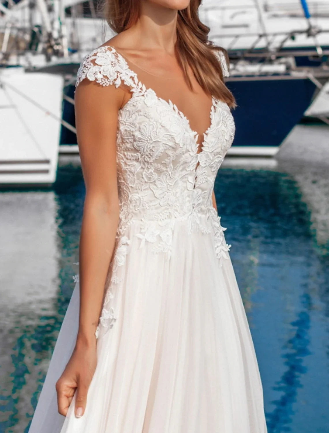 A-Line V-Neck Lace Cap Sleeve Applique Floor-Length Wedding Gown - Chloe Dress