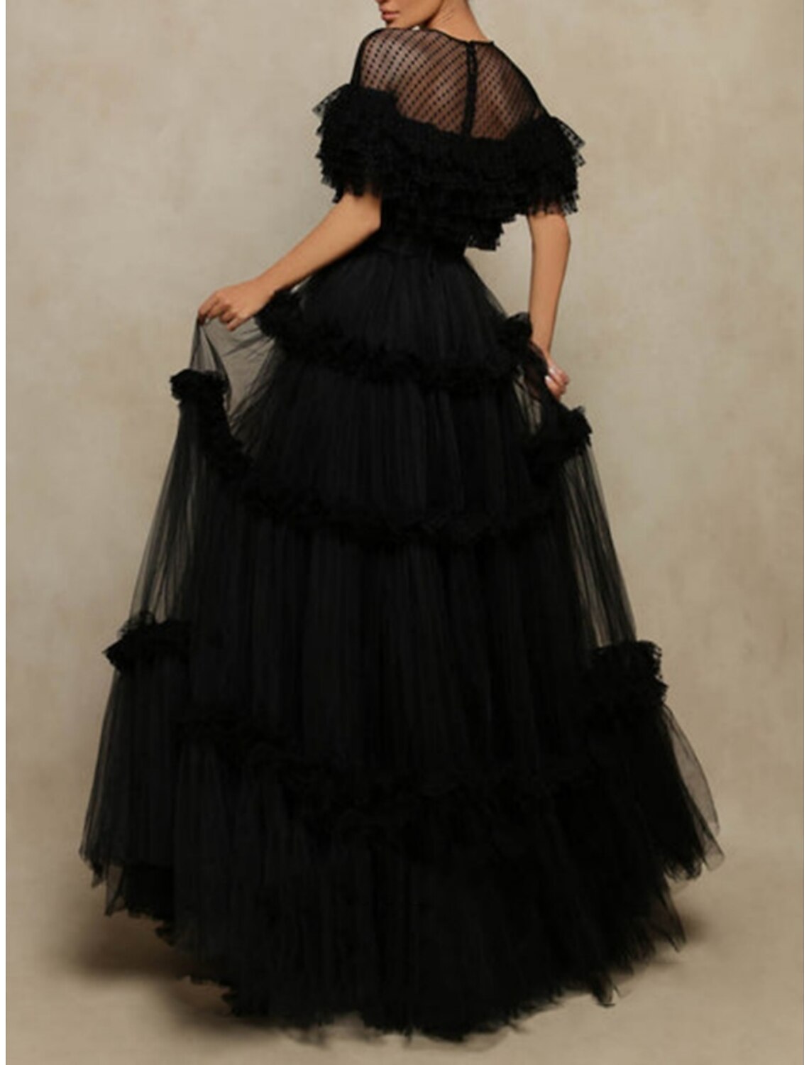 A-Line Tulle Short Sleeve Ruffled Floor-Length Prom Dress - Chloe Dress