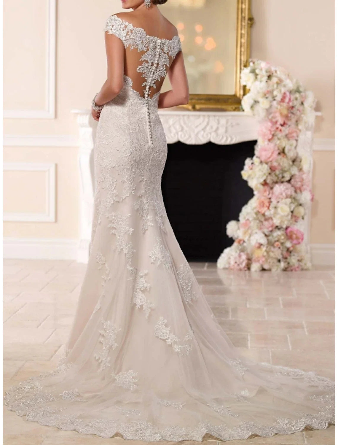 Mermaid V-Neck Lace Cap Sleeve Button Back Train Wedding Gown - Chloe Dress