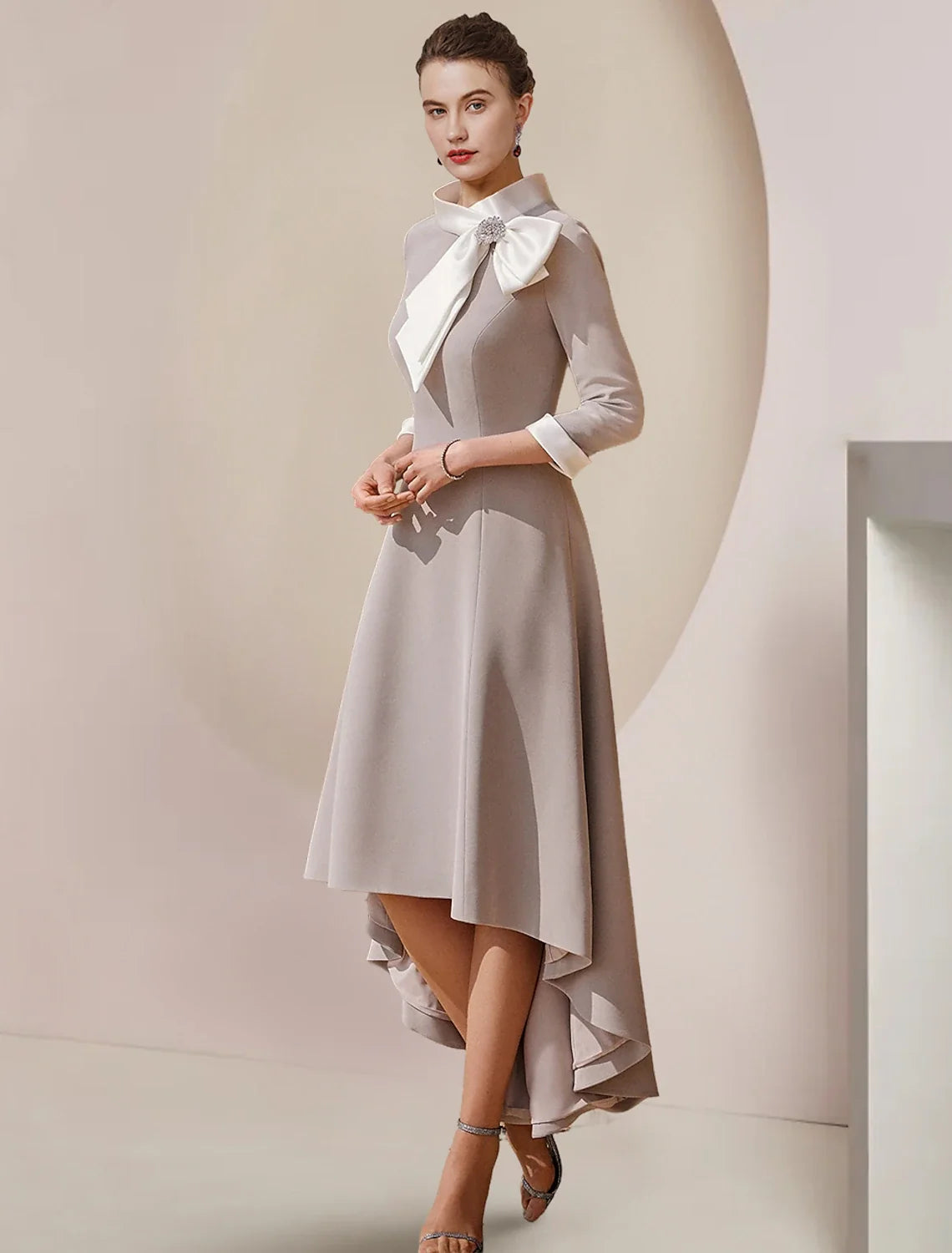 A-Line High Neck Satin Three-Quarter Sleeve Asymmetric Tea-Length Wedding Dress - Chloe Dress