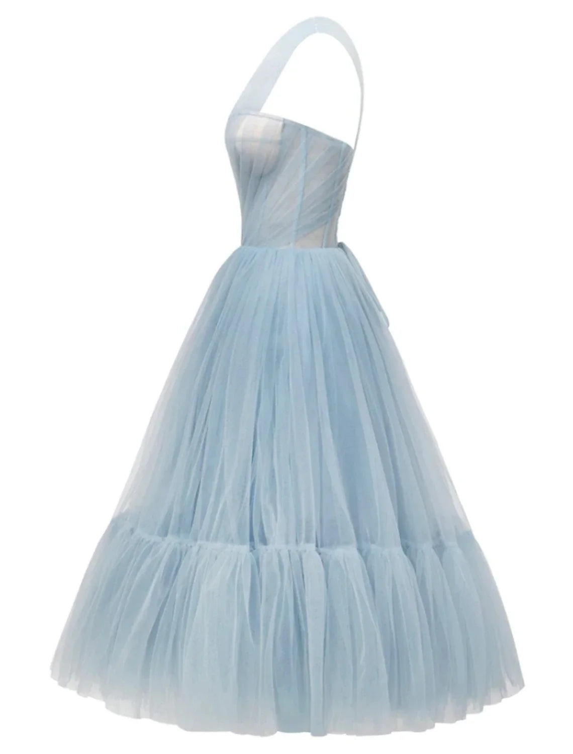A-Line One-Shoulder Tulle Sleeveless Pleated Tea-Length Prom Dress - Chloe Dress