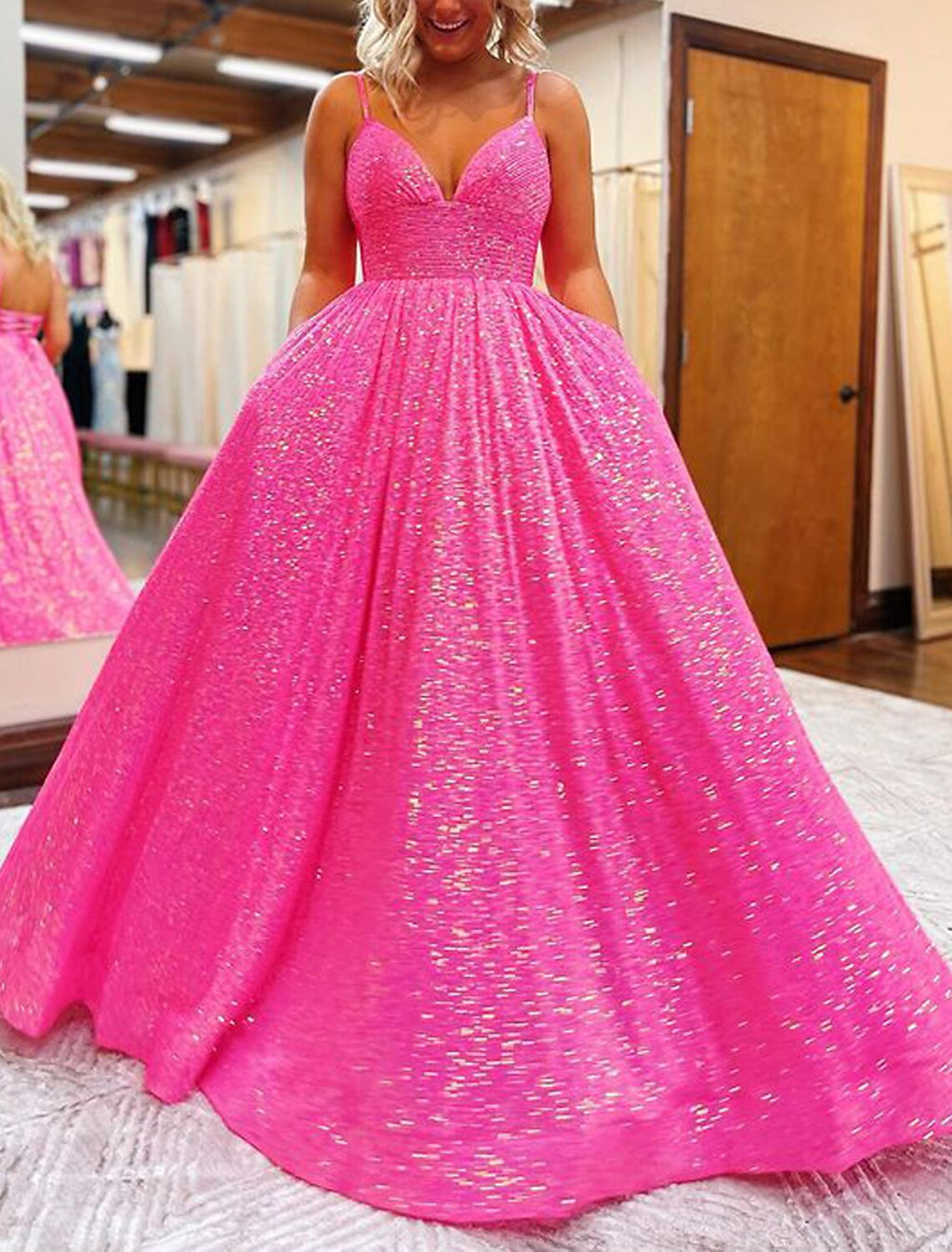 A-Line V-Neck Sequin Sleeveless Backless Pleated Prom Dress - Chloe Dress