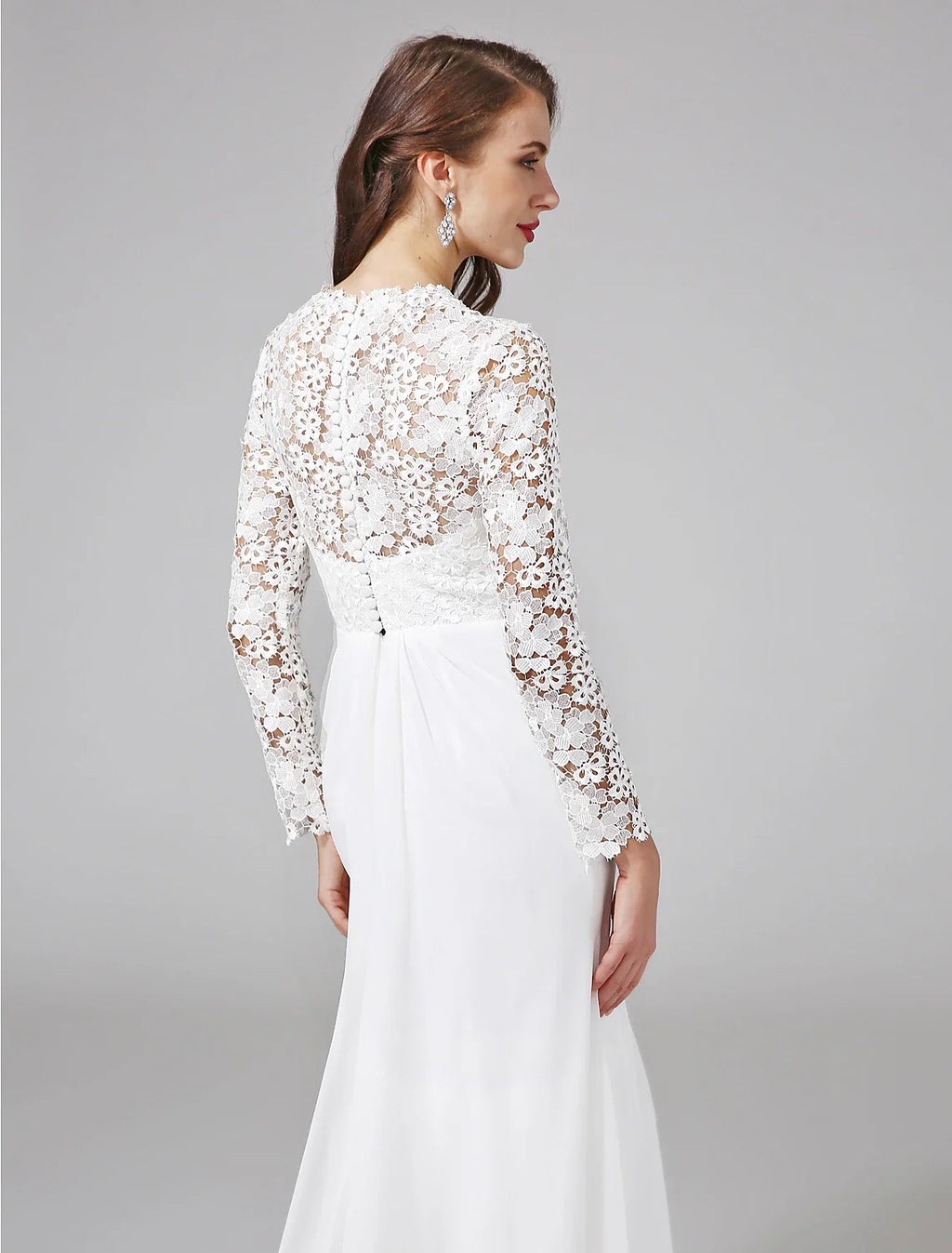 Sheath Illusion Chiffon Long Sleeve Button Back Train Wedding Gown - Chloe Dress