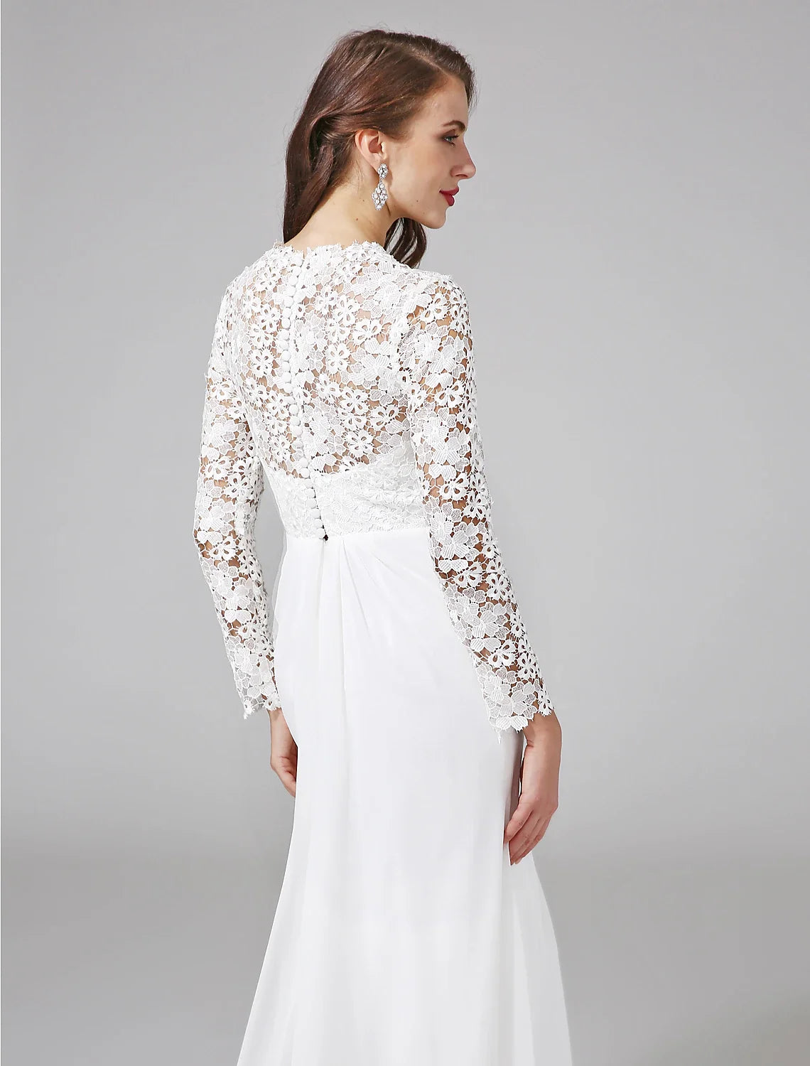 Sheath Illusion Chiffon Long Sleeve Button Back Train Wedding Gown - Chloe Dress