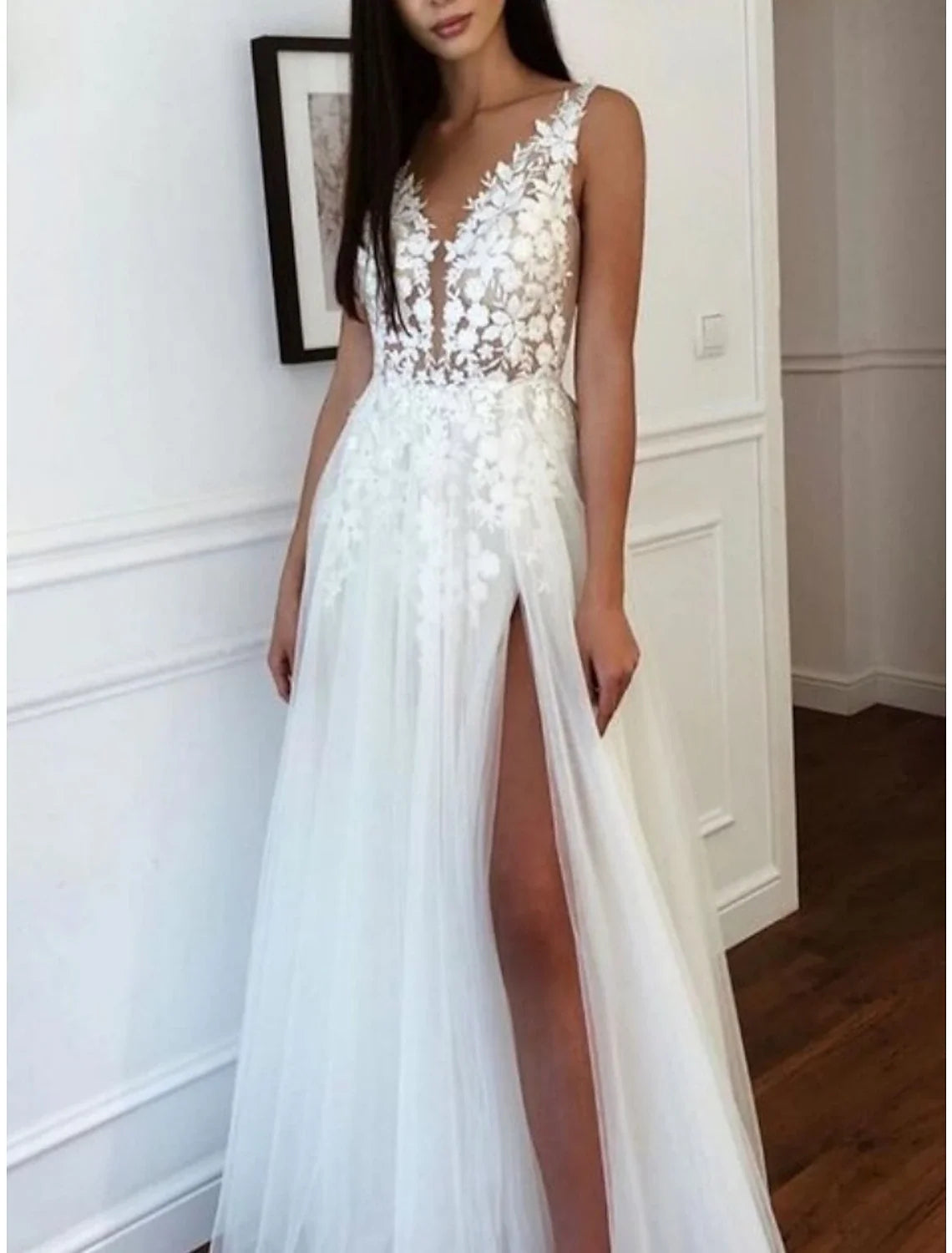 A-Line V-Neck Lace Sleeveless Pleated Floor-Length Wedding Gown - Chloe Dress