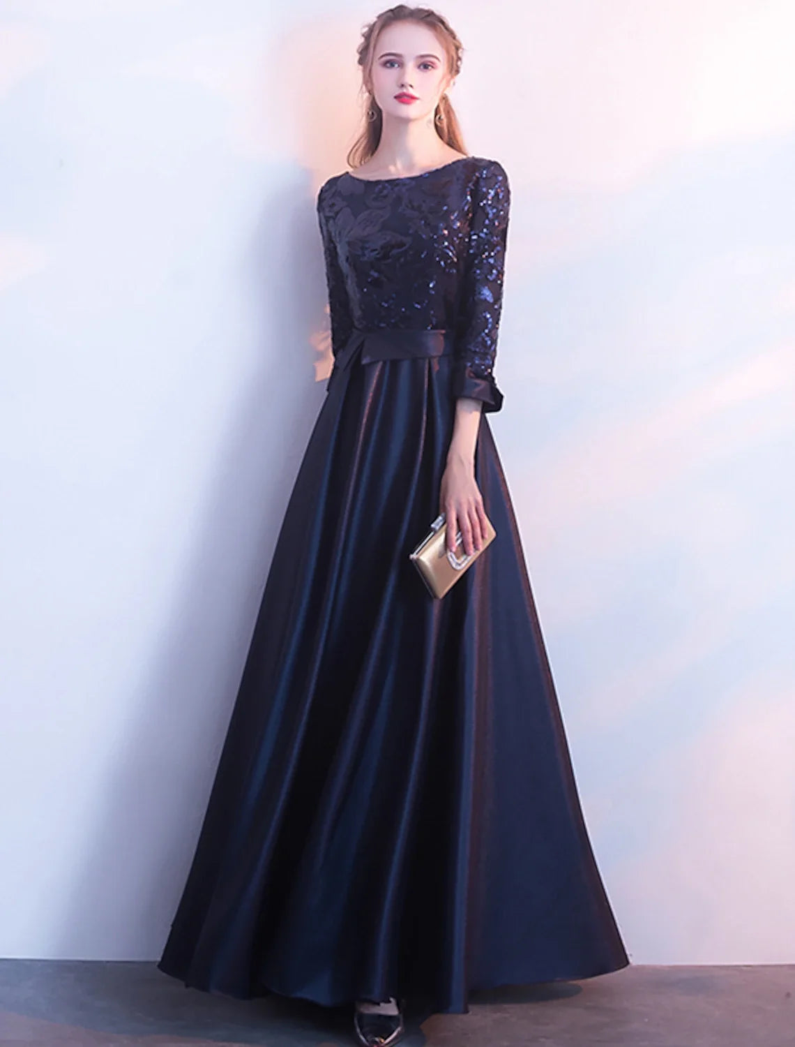 A-Line Satin Three-Quarter Sleeve Floor-Length Evening Dress - Chloe Dress