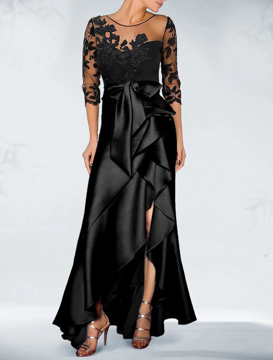 Black A-Line Satin Three-Quarter Sleeve Asymmetric Wedding Dress - Chloe Dress