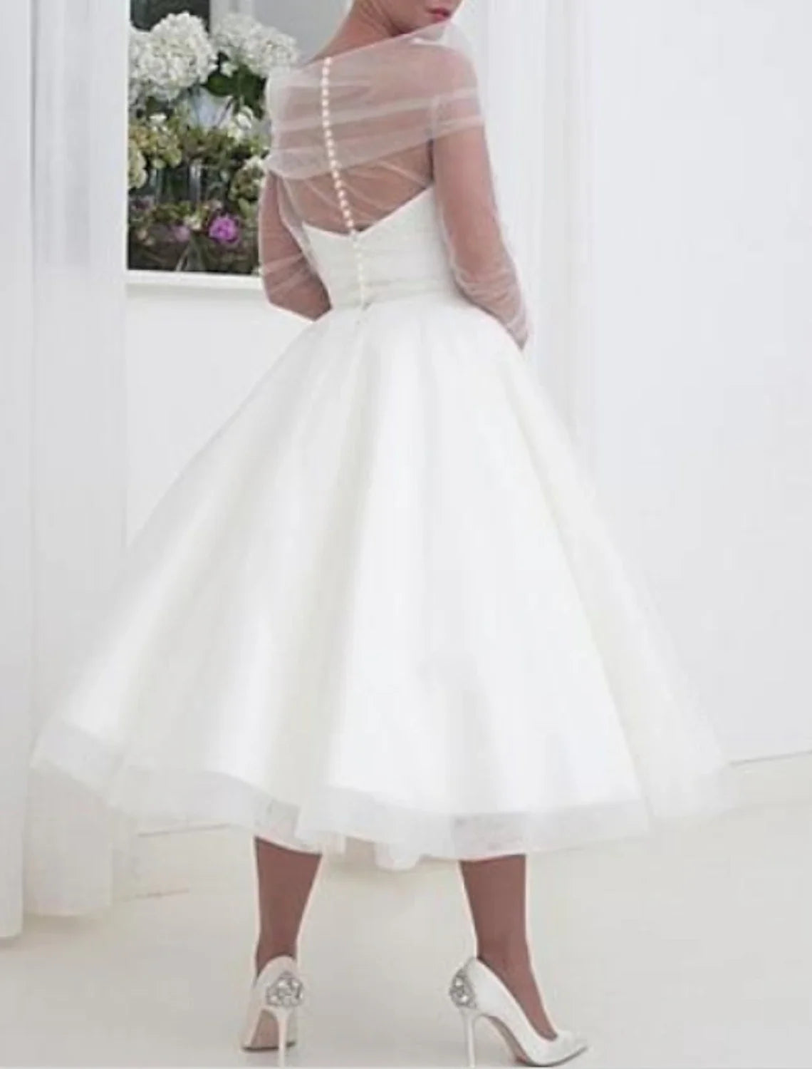 A-Line V-Neck Chiffon Three-Quarter Sleeve Open Back Knee-Length Wedding Gown - Chloe Dress