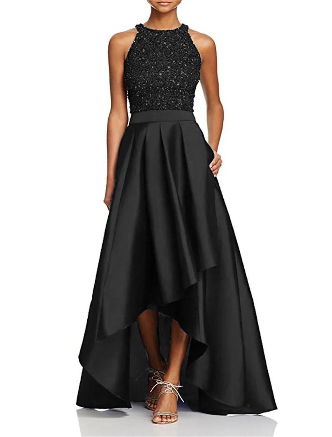 Black A-Line Satin Sleeveless Asymmetric Wedding Dress - Chloe Dress