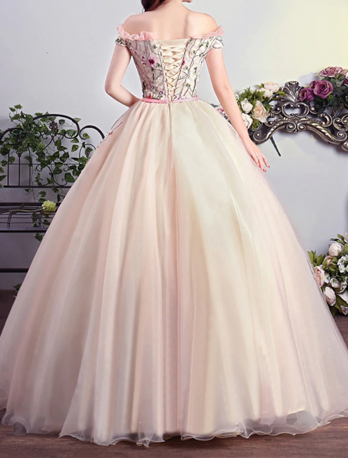 Ball Gown Off-Shoulder Tulle Short Sleeve Pleated Floor-Length Prom Gown - Chloe Dress