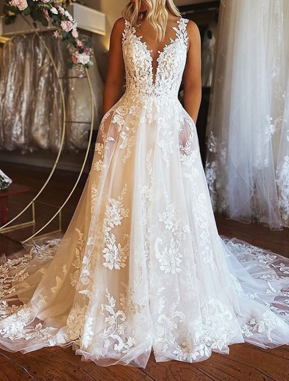 A-Line V-Neck Lace Sleeveless Train Wedding Gown - Chloe Dress