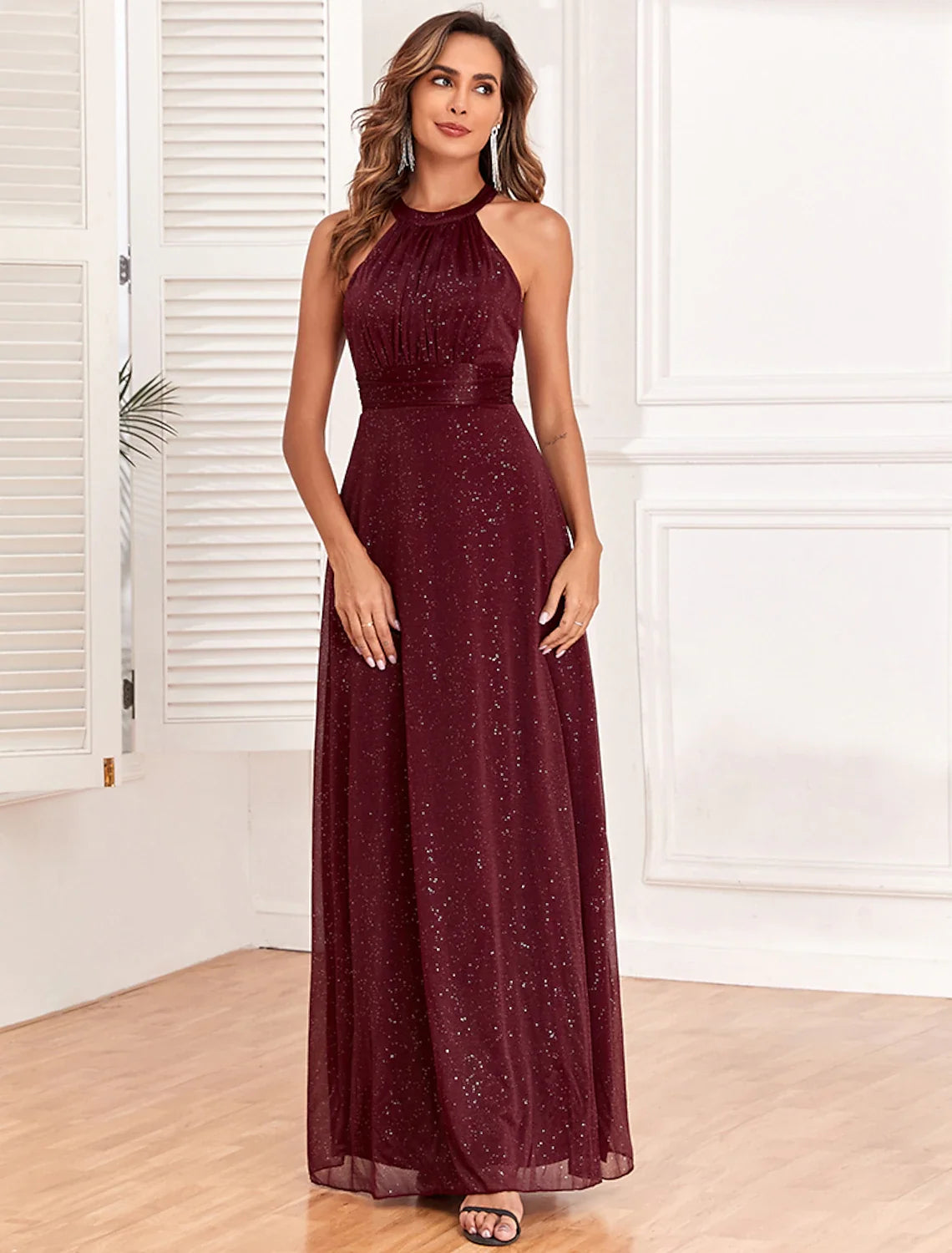 A-Line Halter Polyester Sleeveless Backless Floor-Length Evening Gown - Chloe Dress