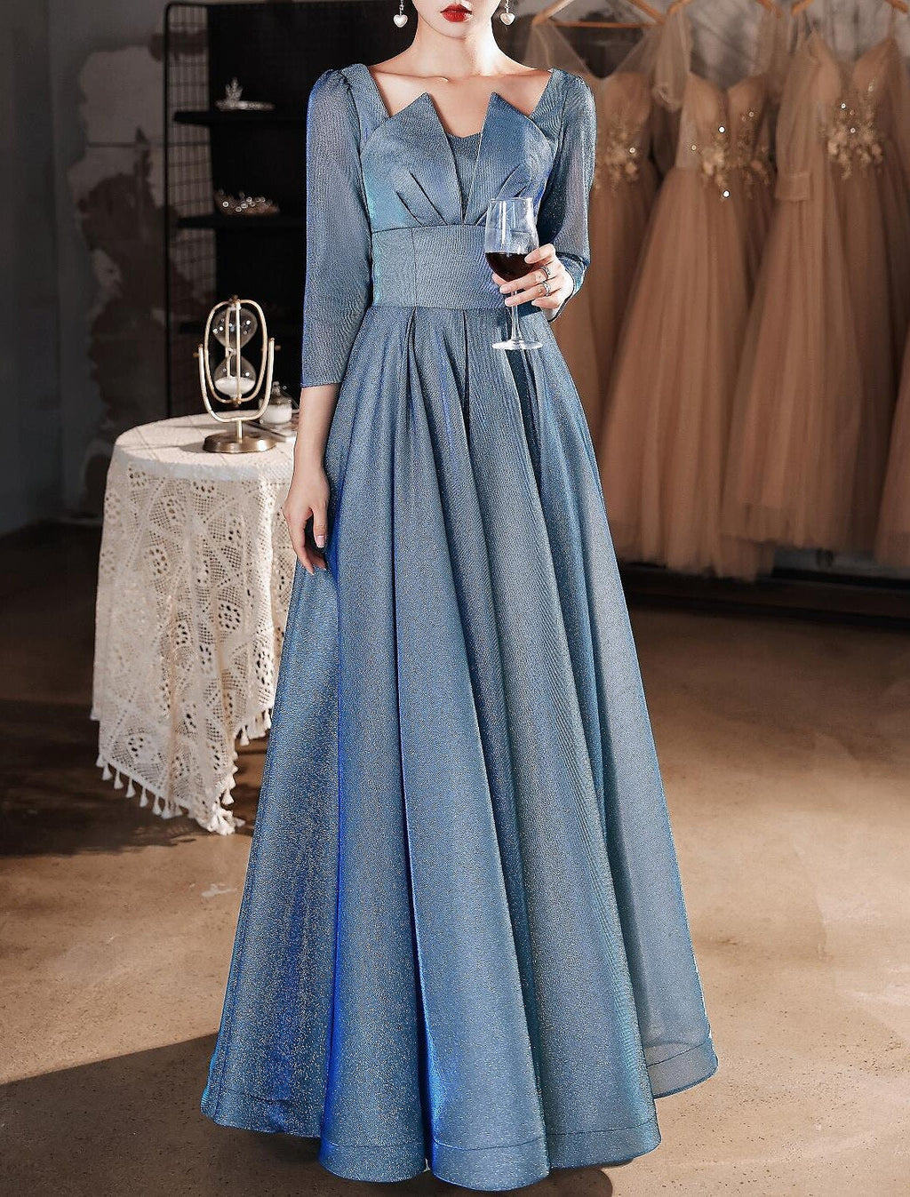 A-Line Sweetheart Satin Three-Quarter Sleeve Floor-Length Evening Dress - Chloe Dress