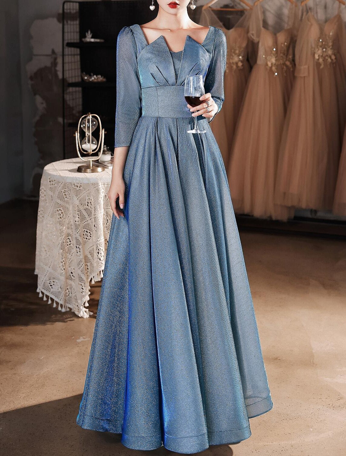A-Line Sweetheart Satin Three-Quarter Sleeve Floor-Length Evening Dress - Chloe Dress