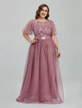 A-Line Tulle Short Sleeve Floor-Length Prom Dress - Chloe Dress