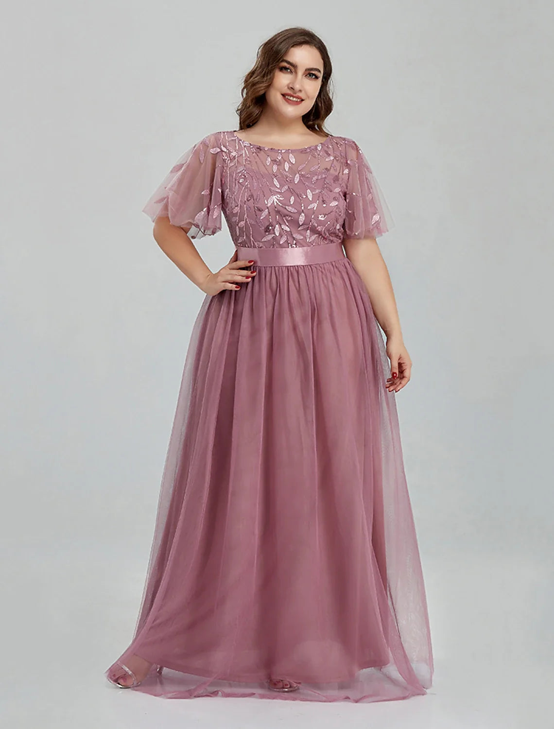 A-Line Tulle Short Sleeve Floor-Length Prom Dress - Chloe Dress