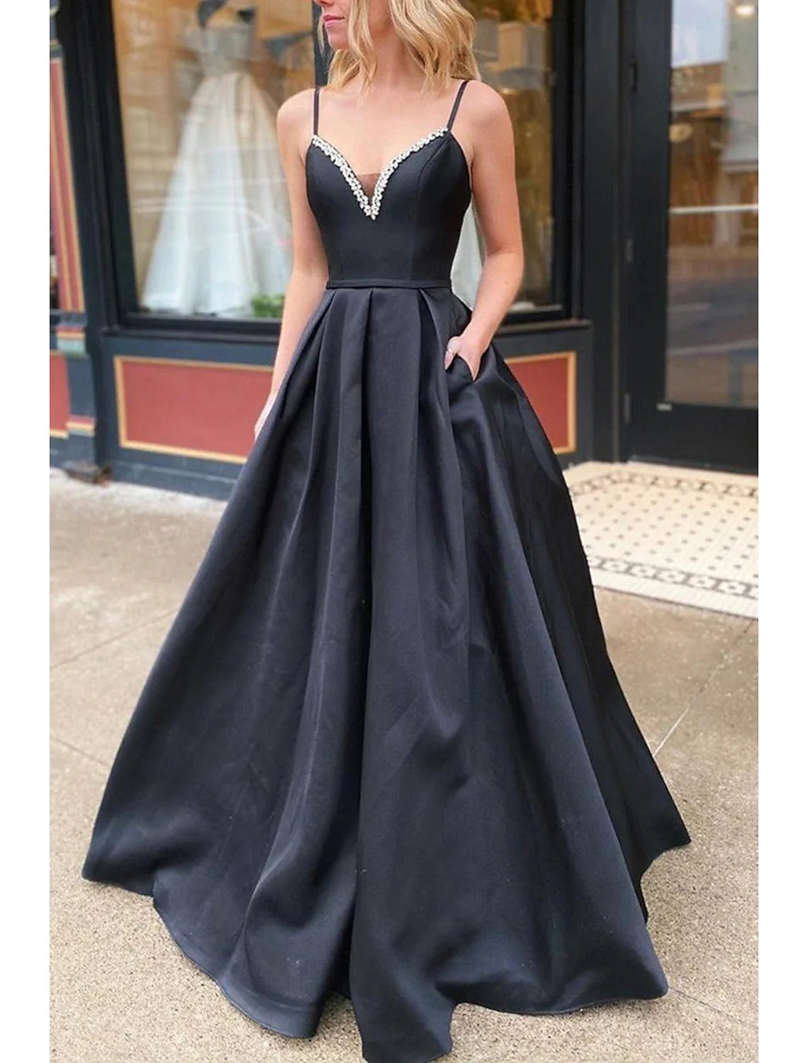 A-Line V-Neck Satin Sleeveless Open Back Pleated Floor-Length Prom Dress - Chloe Dress