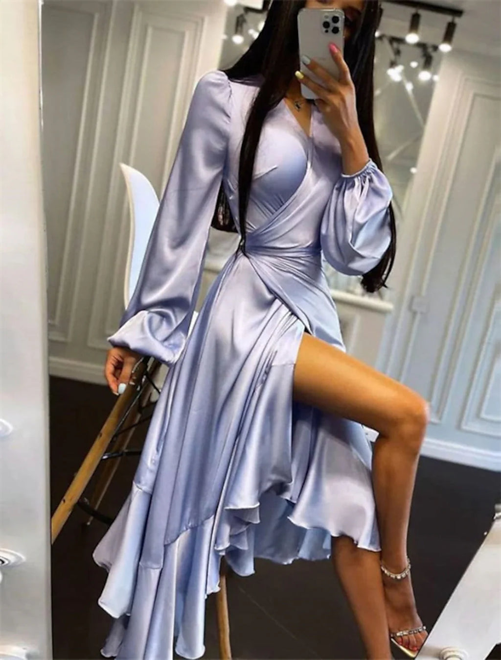 A-Line V-Neck Satin Long Sleeve Ruffled Wedding Dress - Chloe Dress